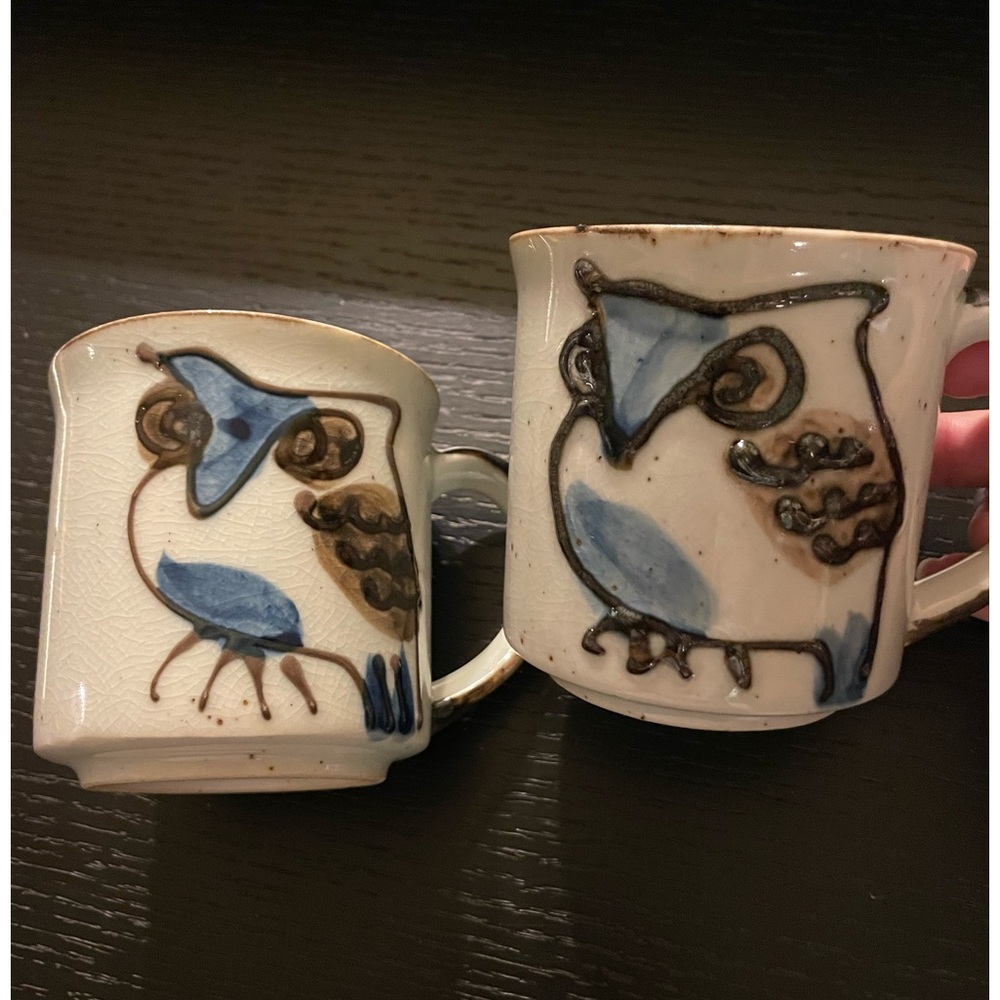 2 vintage stoneware owl mugs cups